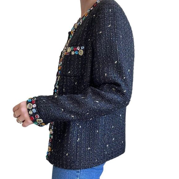 Vintage 80s Berek Black Tweed Rainbow Jeweled Beaded Blazer Jacket XL - Picture 4 of 10